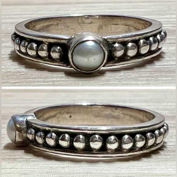 Vintage Designer Signed SU Sterling Silver Gray Pearl Caviar Band Ring, Size 7.5 - Picture 1 of 10